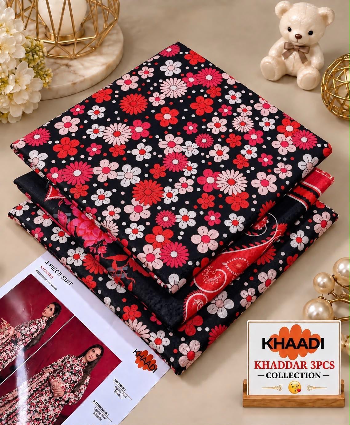 KHADDI Black & Red Floral Printed Khaddar 3 Piece Suit