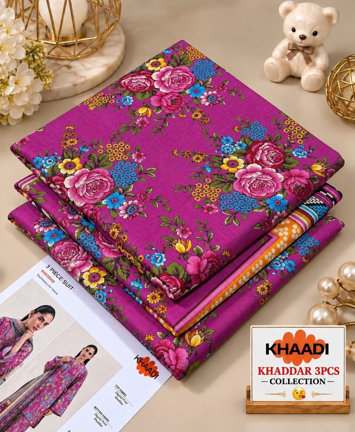 KHADDI Purple Floral Printed Khaddar 3 Piece Suit