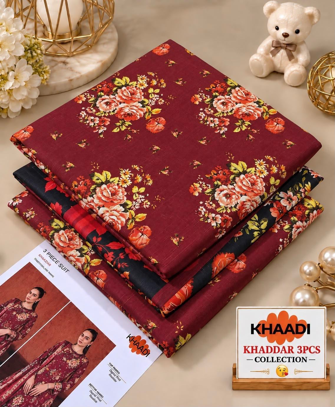 KHADDI Maroon Floral Printed Khaddar 3 Piece Suit