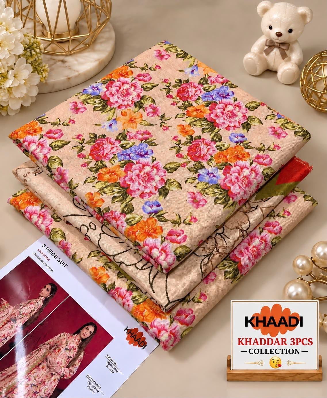 KHADDI Beige Floral Printed Khaddar 3 Piece Suit
