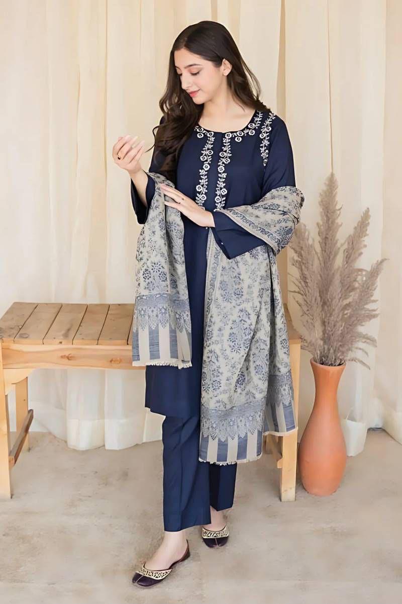 Blue Asalling Demanding Edition – 3PC Unstitched Embroidered Dhank Suit with Digital Print Shawl