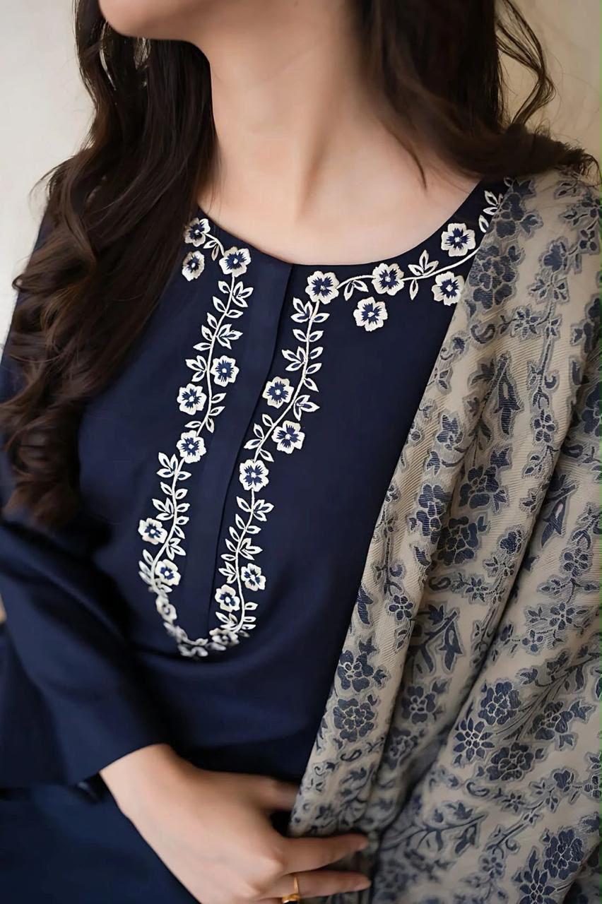 Blue Asalling Demanding Edition – 3PC Unstitched Embroidered Dhank Suit with Digital Print Shawl