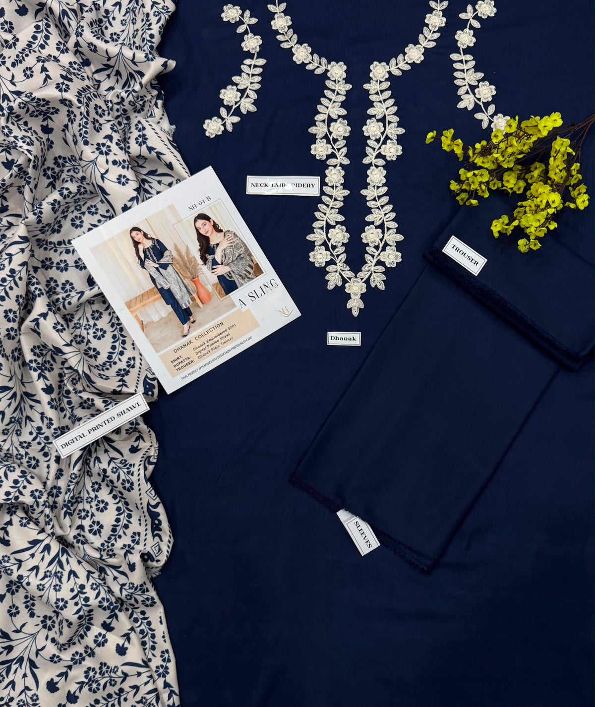Blue Asalling Demanding Edition – 3PC Unstitched Embroidered Dhank Suit with Digital Print Shawl