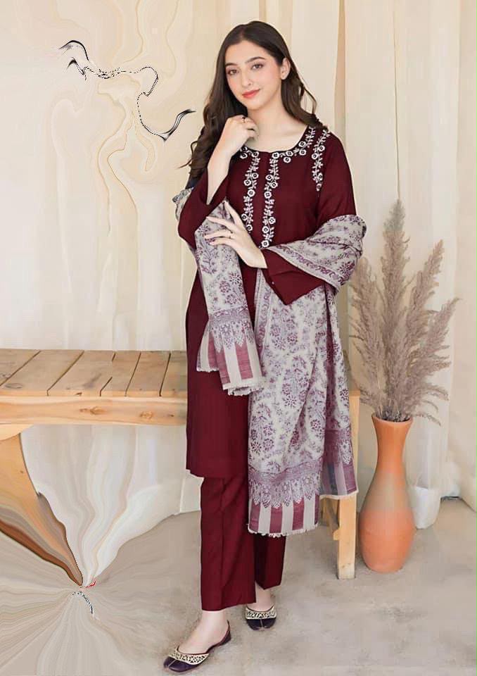 Maroon Asalling Demanding Edition – 3PC Unstitched Embroidered Dhank Suit with Digital Print Shawl