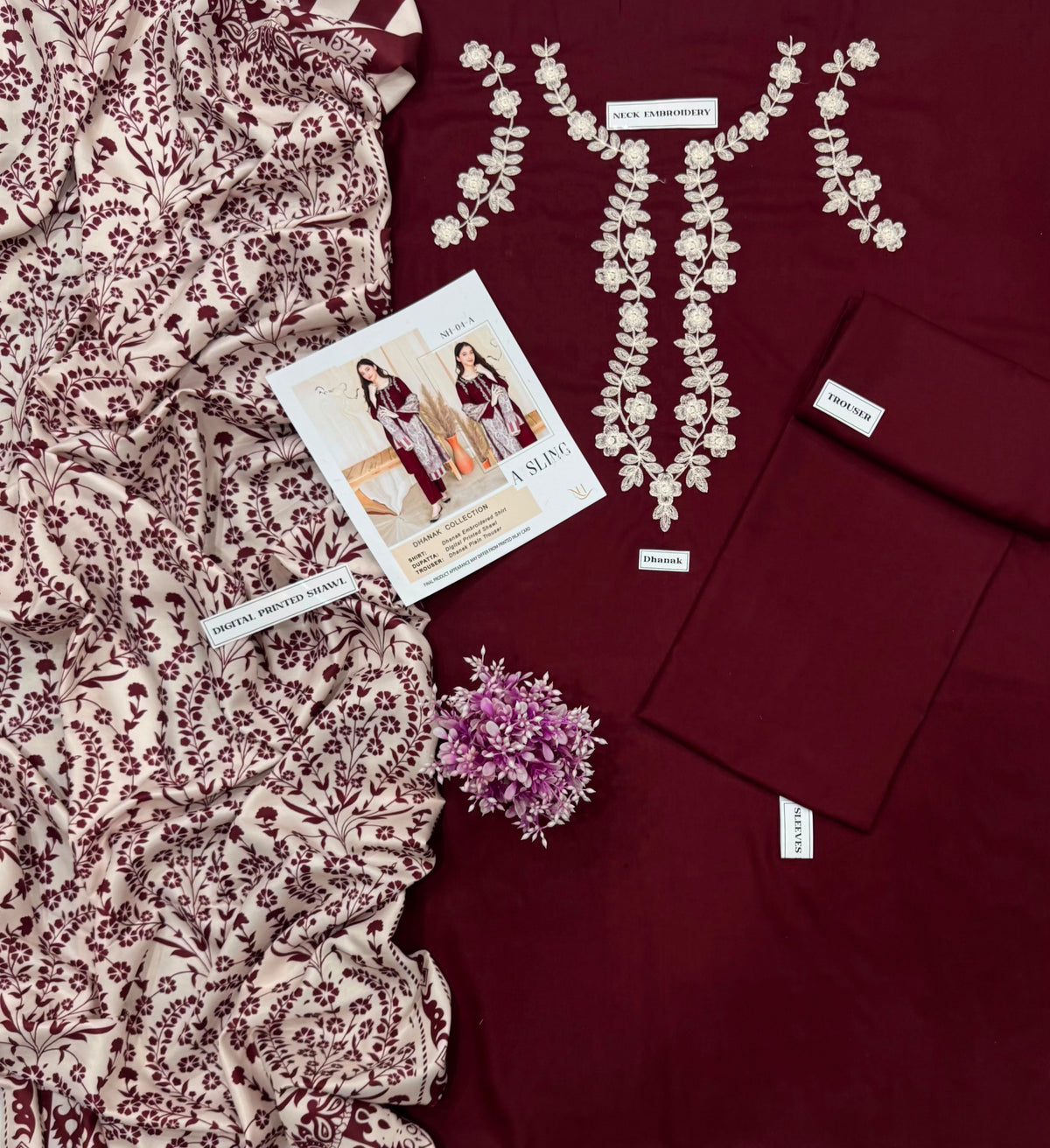 Maroon Asalling Demanding Edition – 3PC Unstitched Embroidered Dhank Suit with Digital Print Shawl