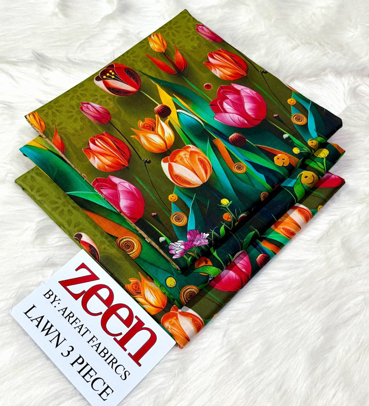 Zeen Olive Green Floral Lawn 3 Piece Suit – Printed 3PC