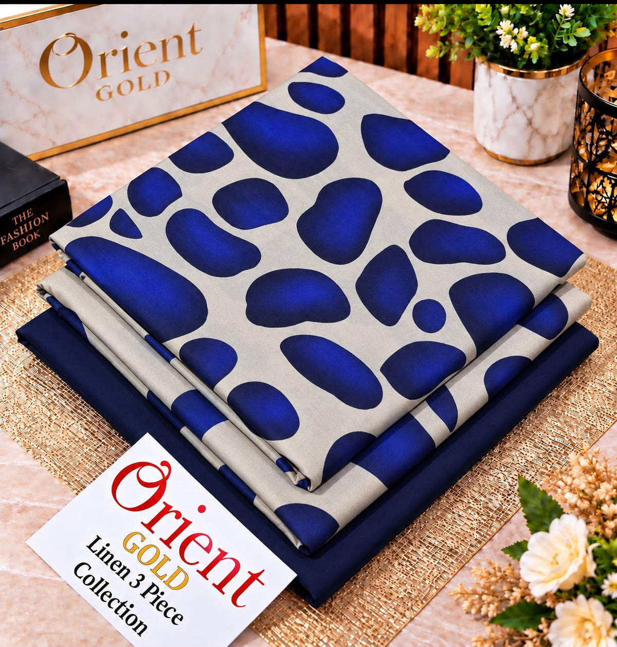 Orient Gold Blue Abstract Printed Linen 3 Piece Suit 2026