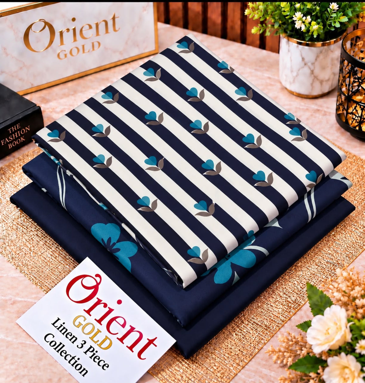 Orient Gold Navy Blue White Floral Printed Linen 3 Piece Suit