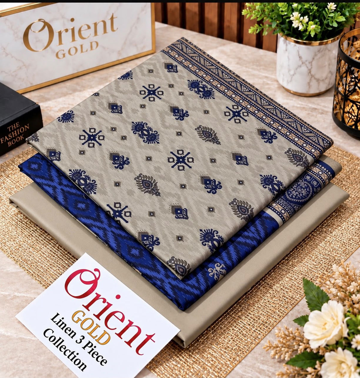 Orient Gold Beige Navy Traditional Printed Linen 3 Piece Suit
