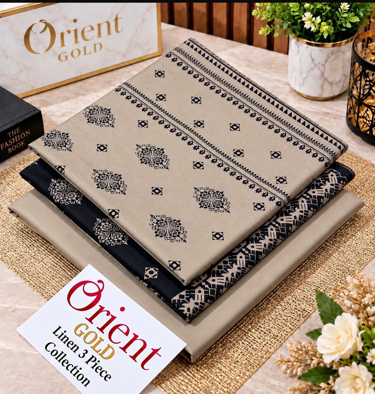 Orient Gold Beige Black Traditional Printed Linen 3 Piece Suit