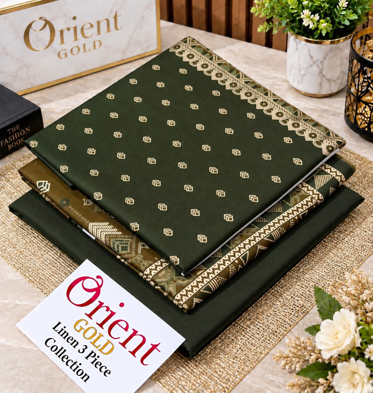 Orient Gold Dark Green Gold Printed Linen 3 Piece Suit 2026
