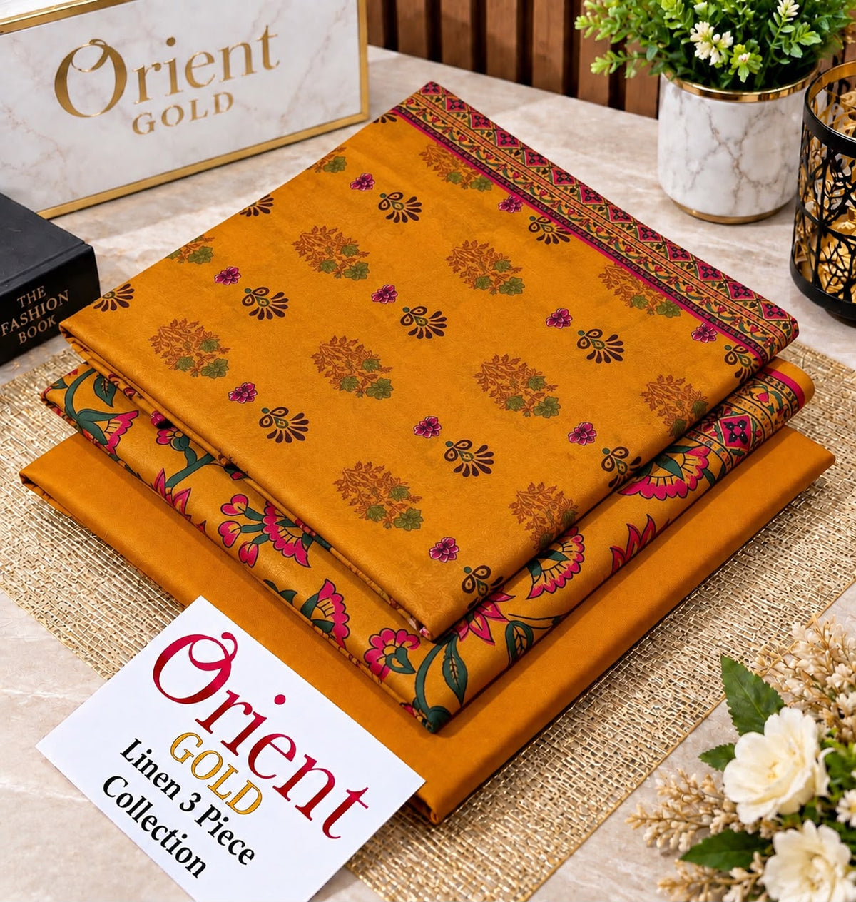 Orient Gold Mustard Yellow Floral Printed Linen 3 Piece Suit