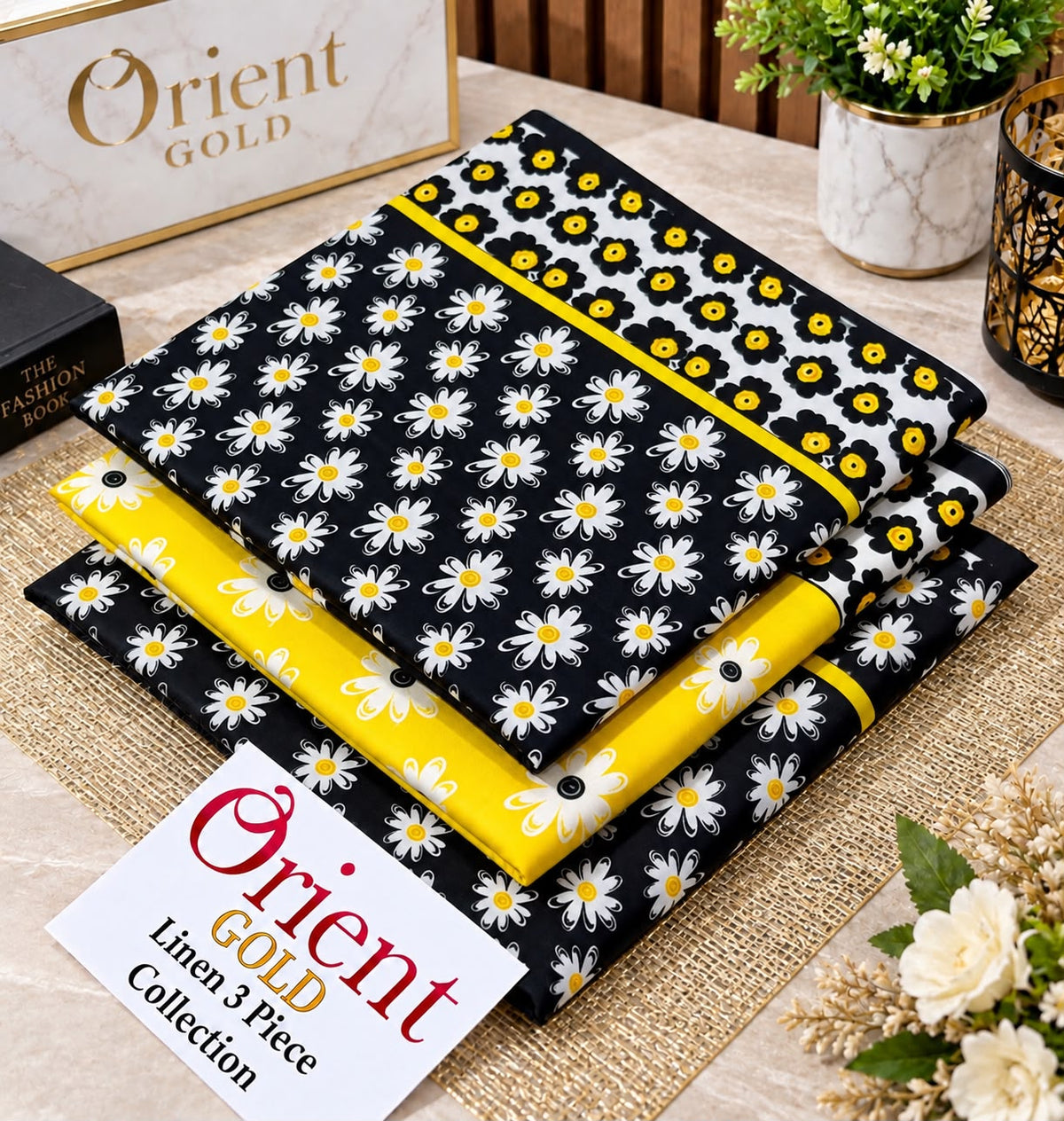 Orient Gold Linen 3 Piece Black Yellow Printed Suit | Linen Collection 2026 | Wholesale