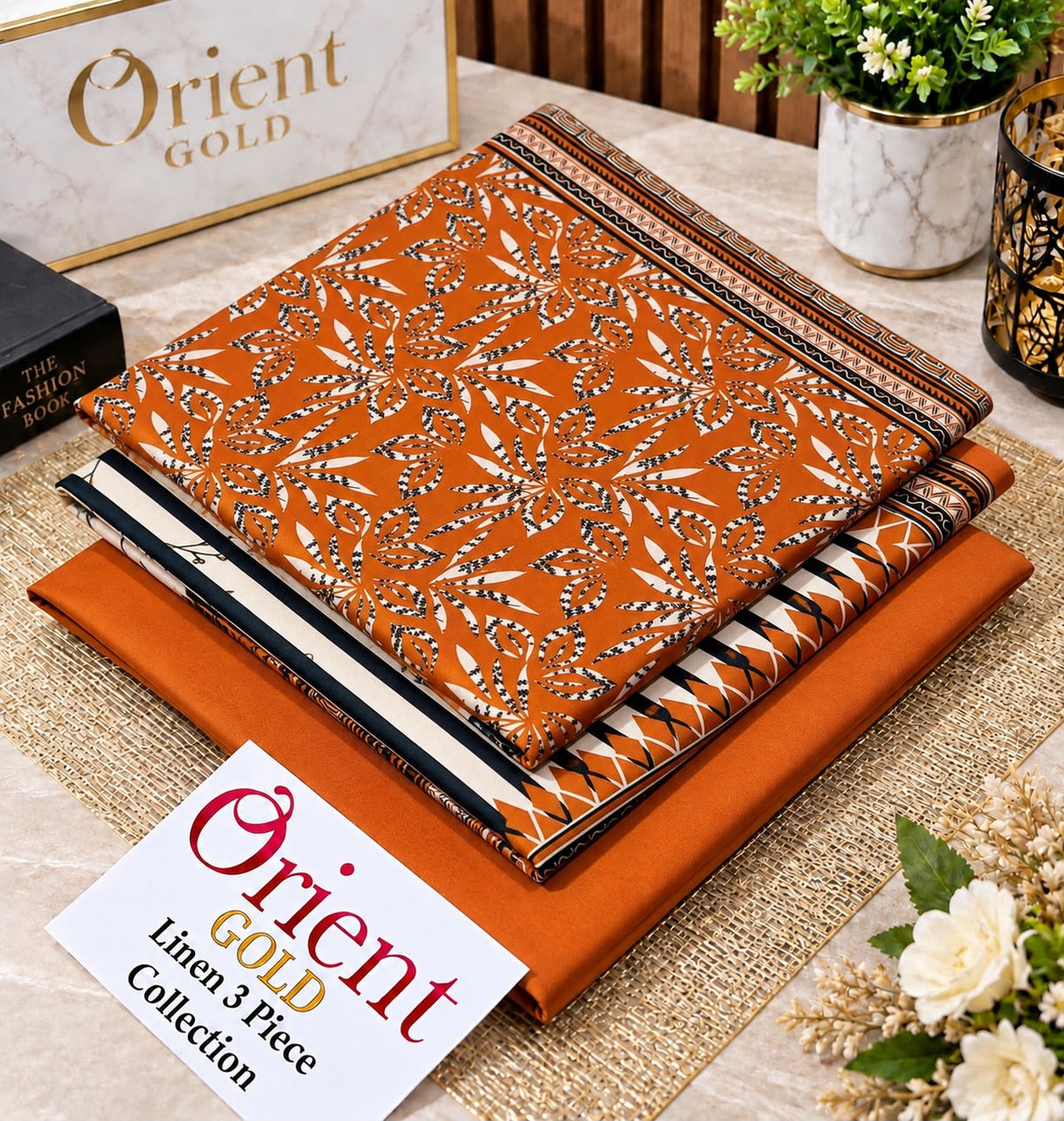 Orient Gold Rust Orange Black Floral Linen 3 Piece Suit 2026
