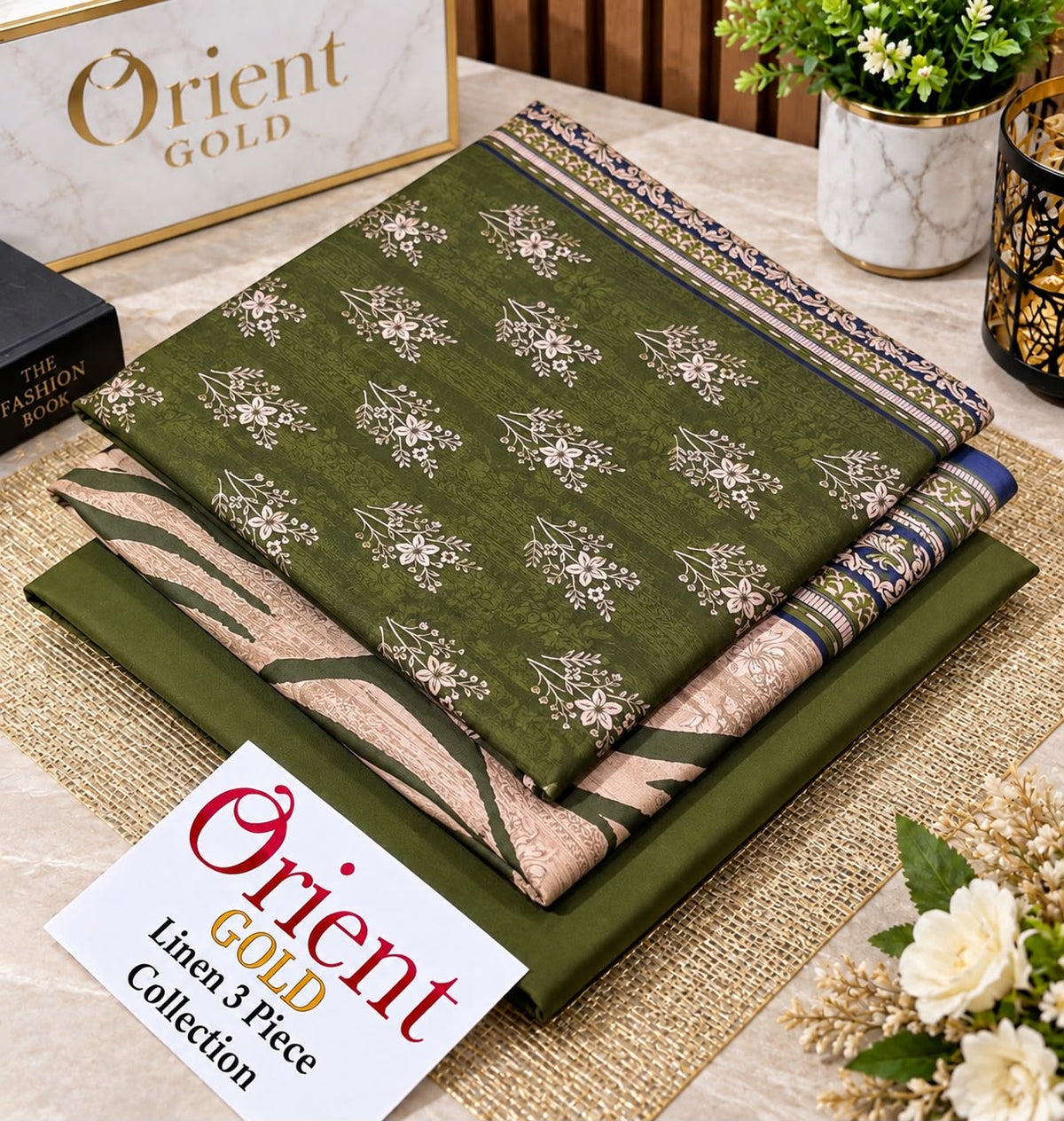 Orient Gold Olive Green Linen 3 Piece Suit | Floral Printed Linen | Collection 2026