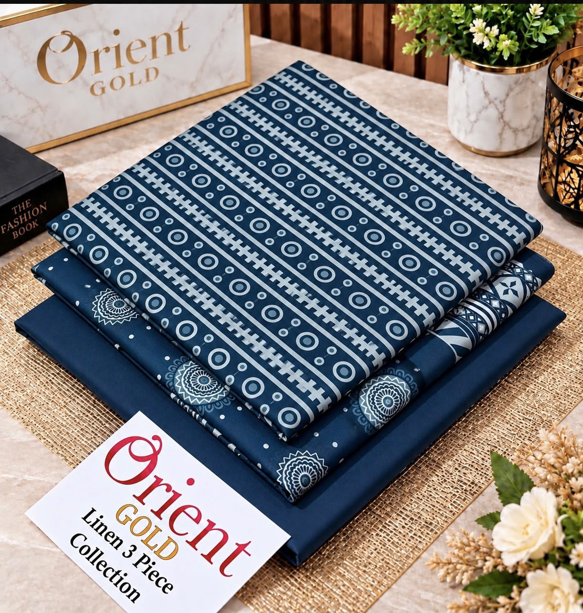 Orient Gold Navy Blue Linen 3 Piece Suit | Geometric Printed Linen | Collection 2026