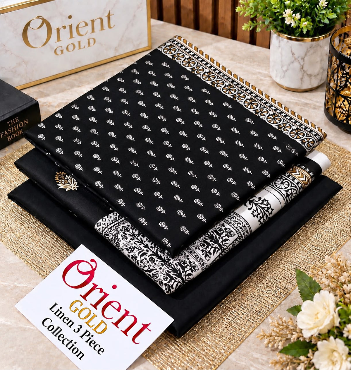 Orient Gold Black White Linen 3 Piece Suit | Traditional Printed Linen | 2026 Collection