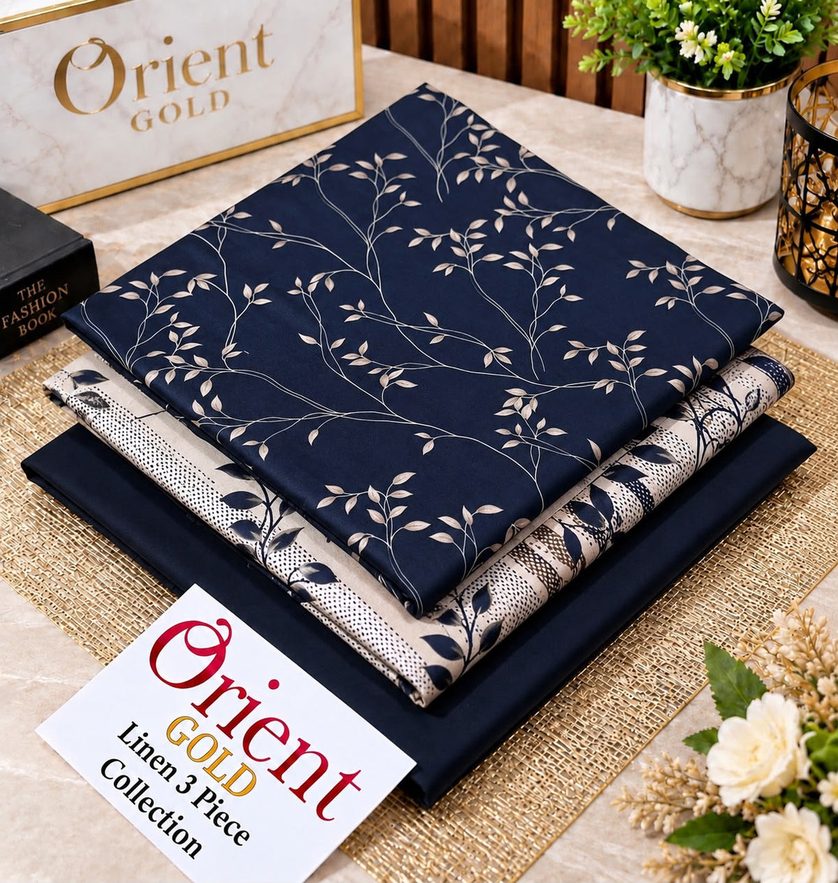 Orient Gold Linen 3 Piece Suit 2026 – Navy Blue Leaf Printed Linen