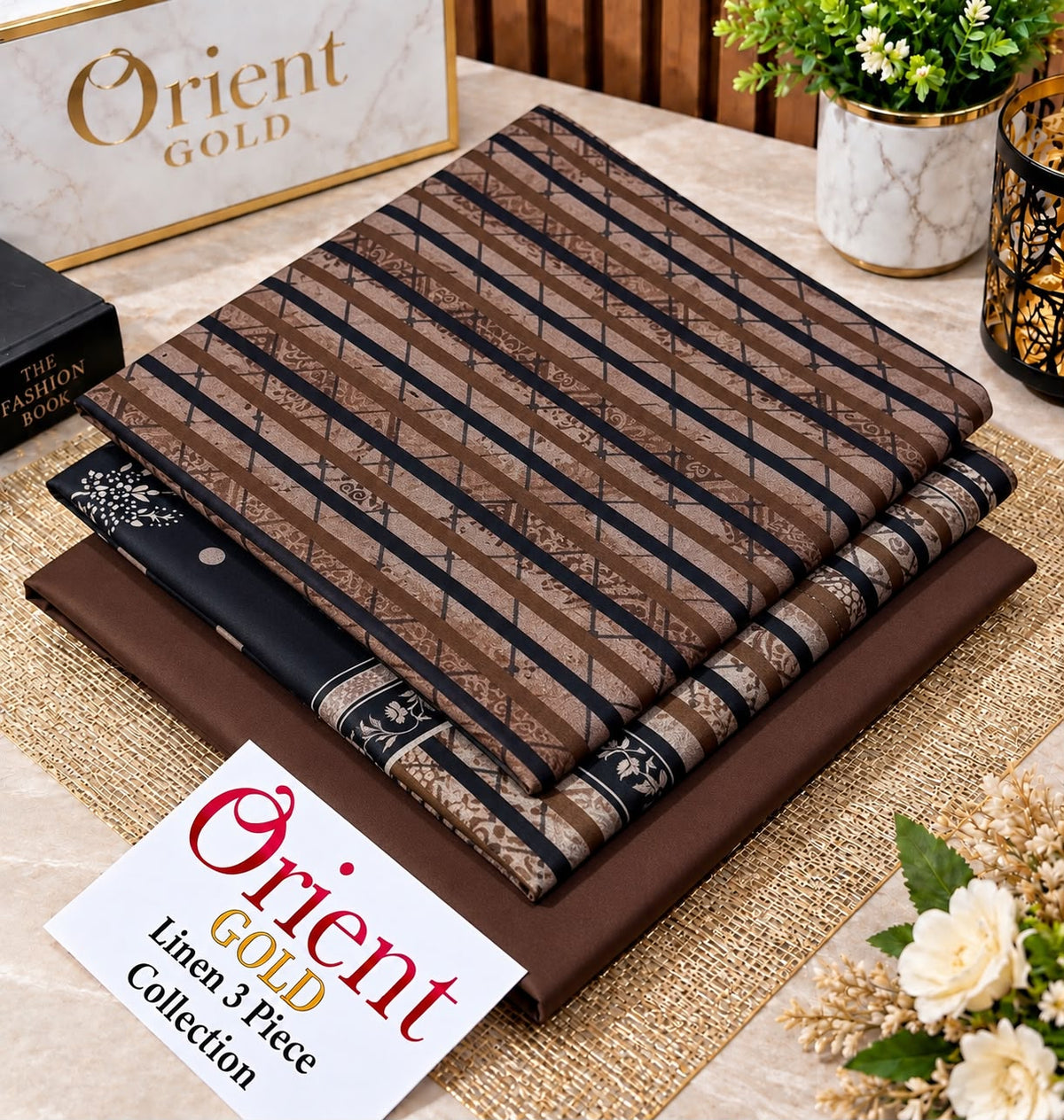 Orient Gold Linen 3 Piece Suit 2026 – Brown & Black Printed Linen Collection