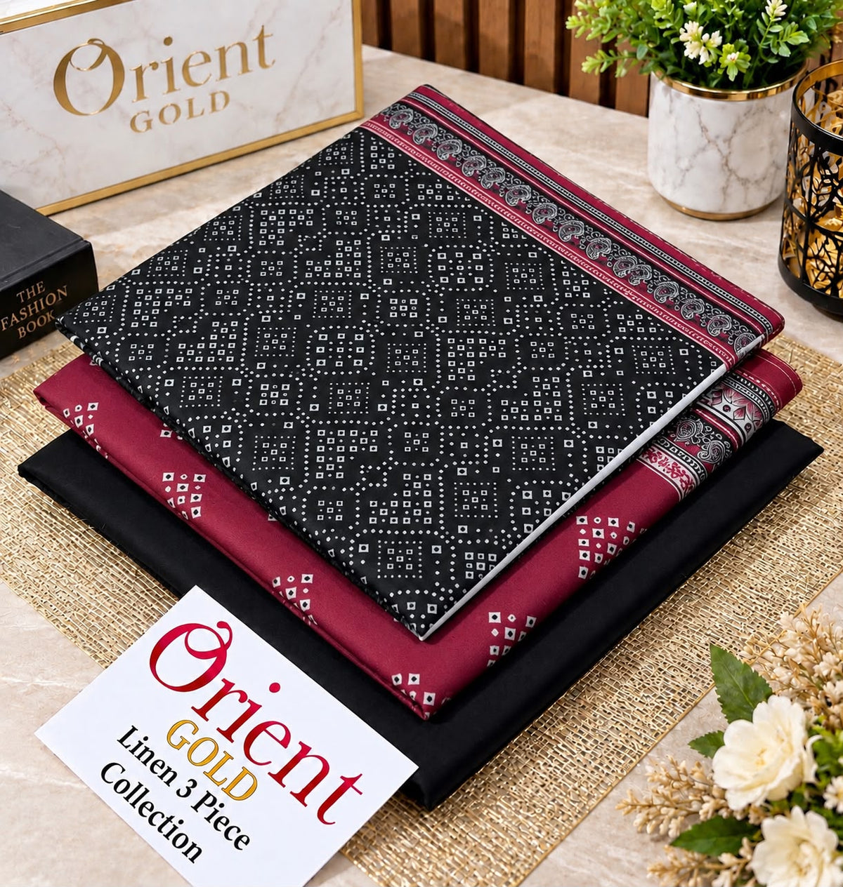 Orient Gold Linen 3 Piece Suit 2026 – Black & Maroon Geometric Printed Linen