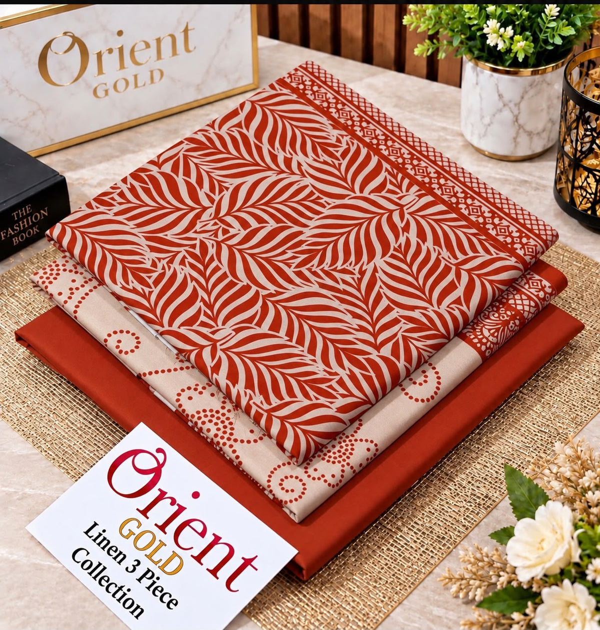Orient Gold Linen 3 Piece Suit 2026 – Rust Red Floral Printed Linen