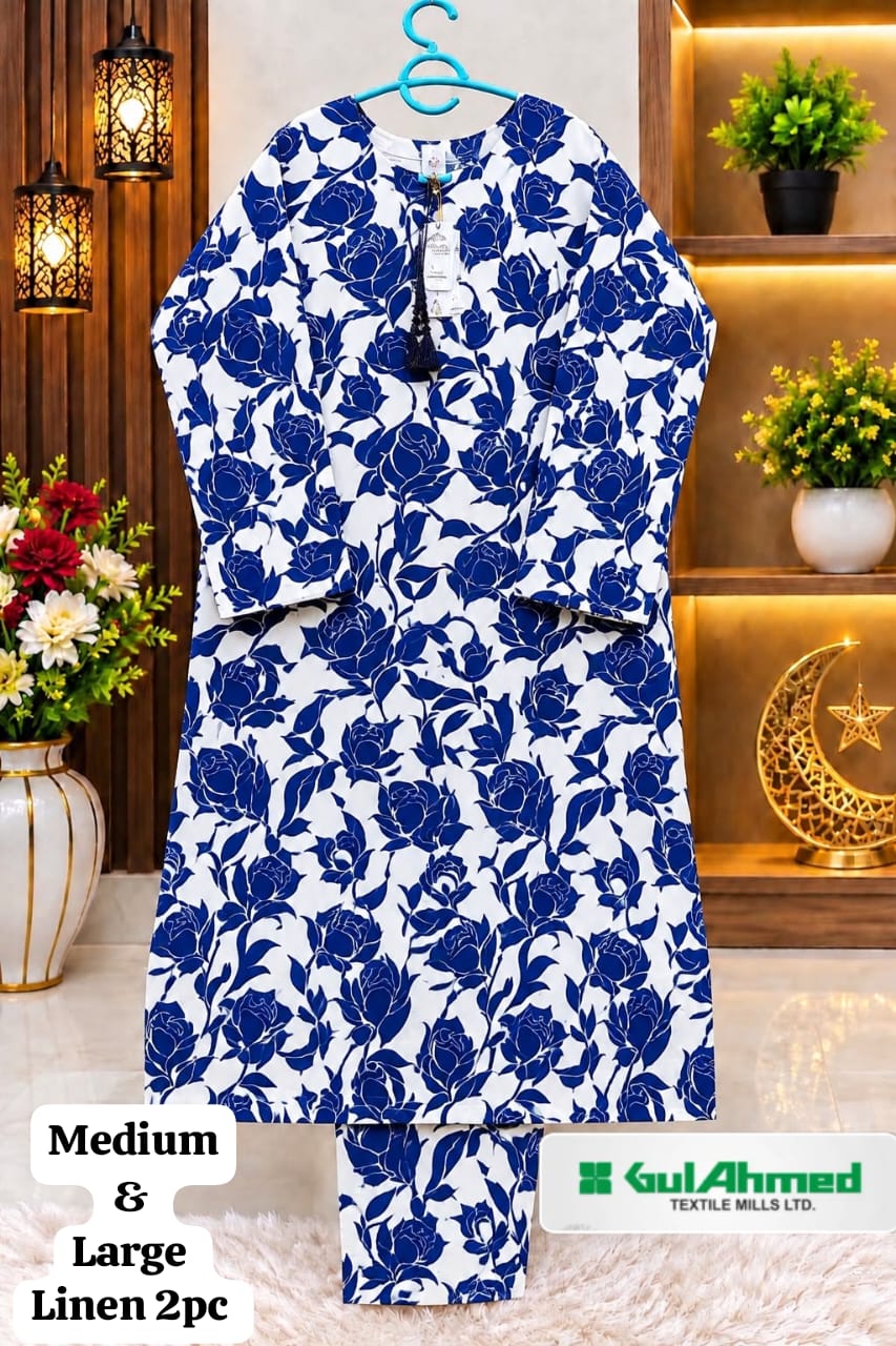 Gul Ahmed Hadia Emaan Blue Floral Printed Linen 2PC Suit
