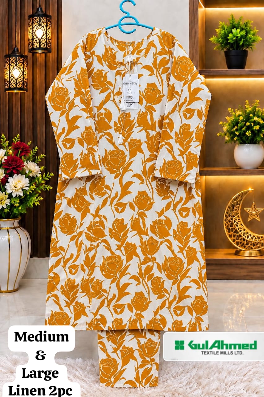 Gul Ahmed Hadia Emaan Mustard Floral Printed Linen 2PC Suit