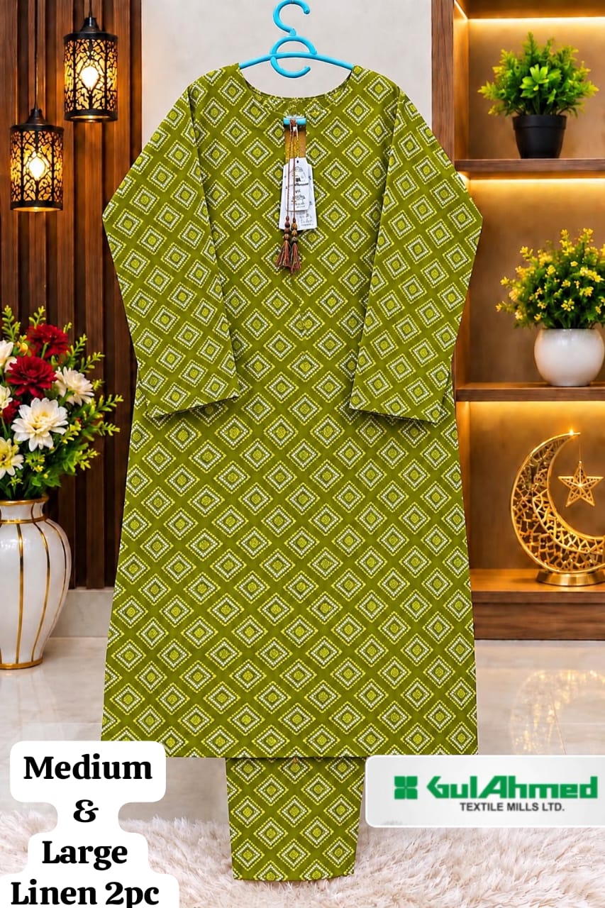 Gul Ahmed Hadia Emaan Olive Green Geometric Linen 2PC Suit