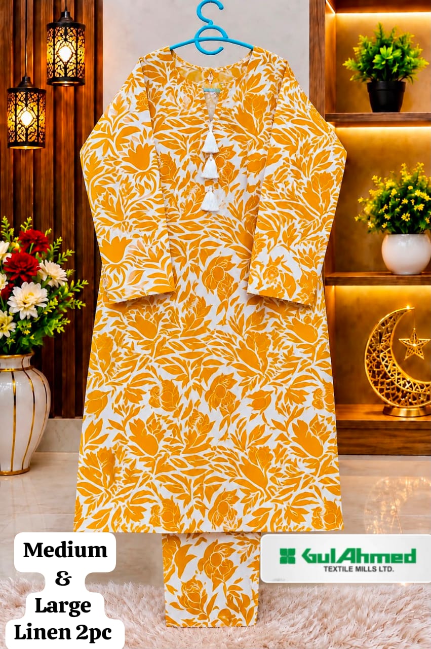 Mustard Floral Printed Linen 2 Piece Suit for Women – Medium & Large