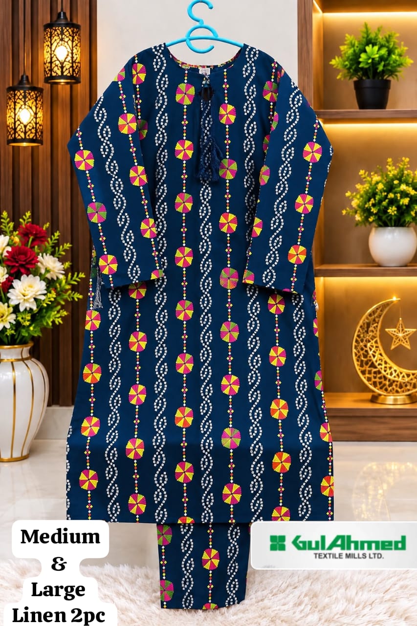 Navy Blue Multicolor Printed Linen 2 Piece Suit for Women – Medium & Large