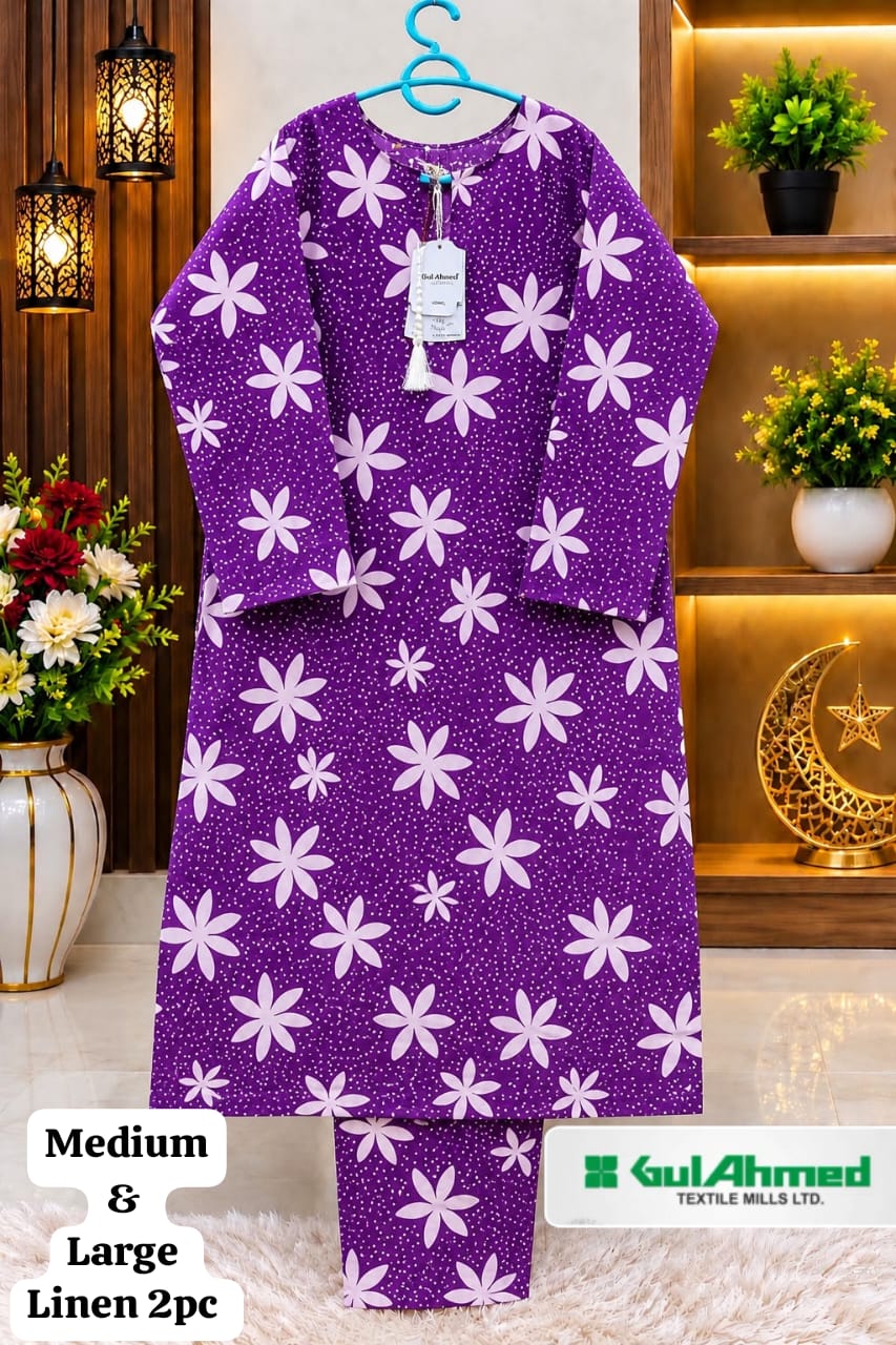 Purple Floral Printed Linen 2 Piece Suit for Women – Medium & Large