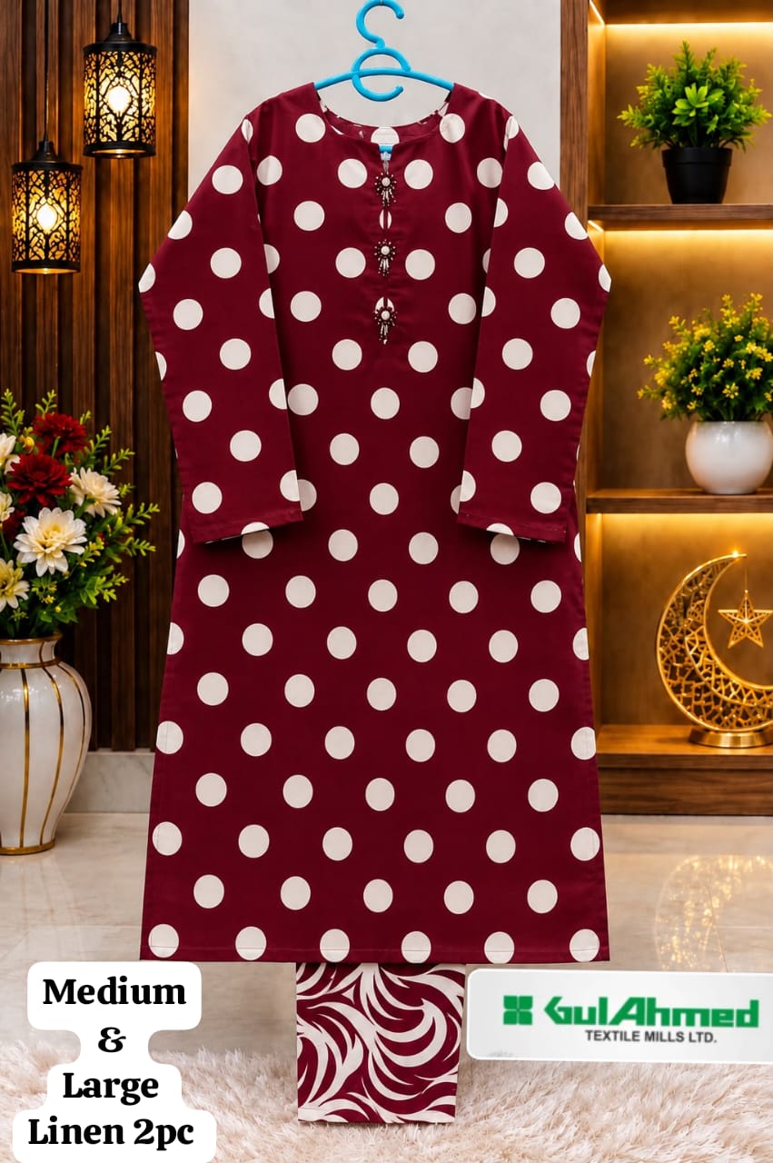 Maroon & White Polka Dot Linen 2 Piece Suit for Women – Medium & Large