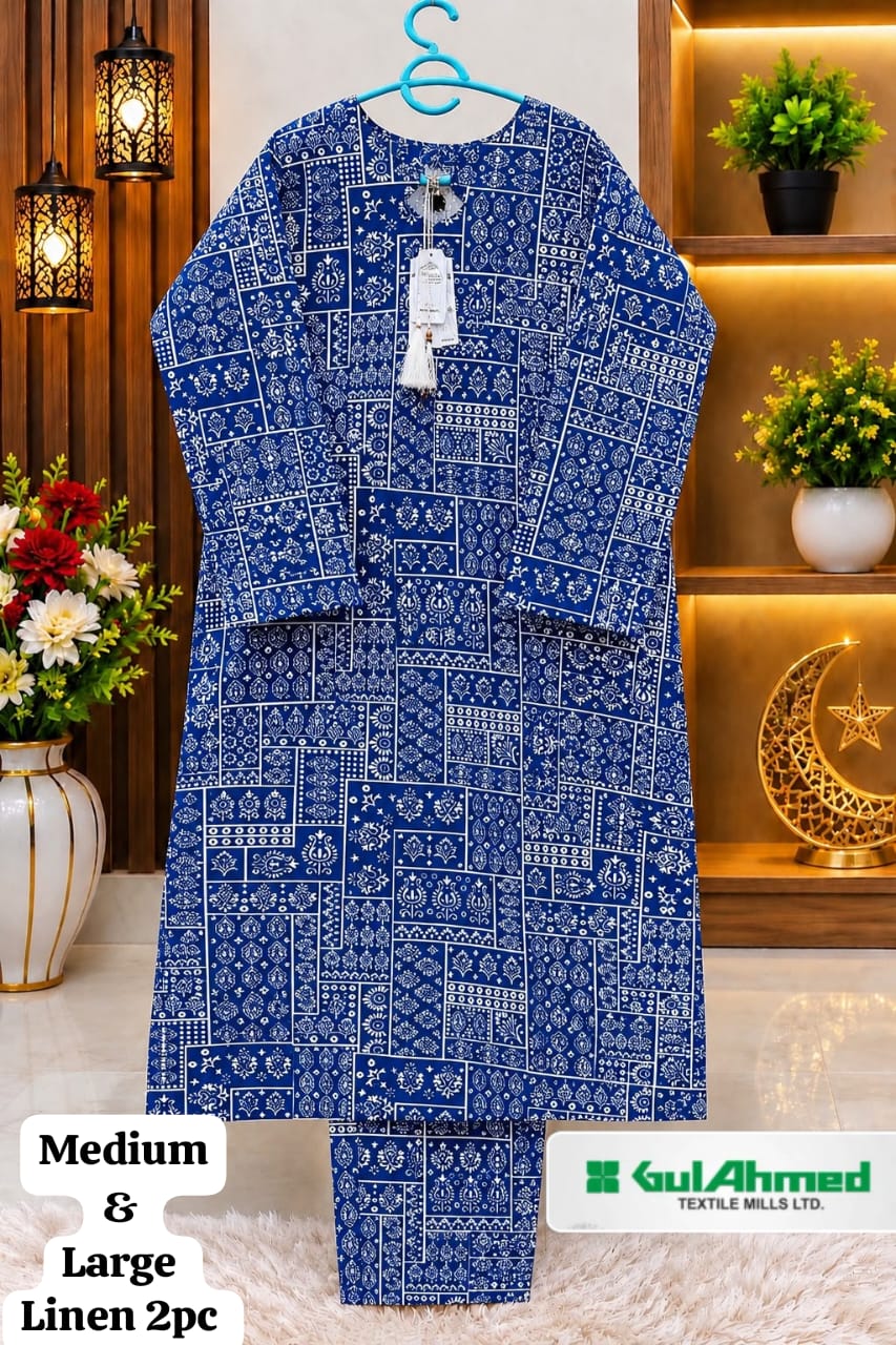 Royal Blue Patchwork Printed Linen 2 Piece Suit for Women – Medium & Large