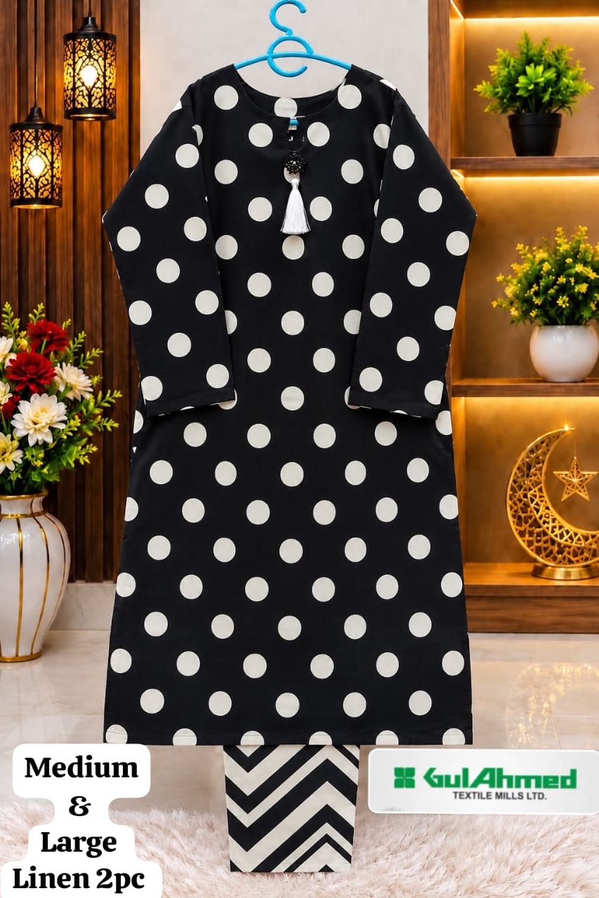 Black Polka Dot Linen 2 Piece Suit with Printed Trousers – Medium & Large