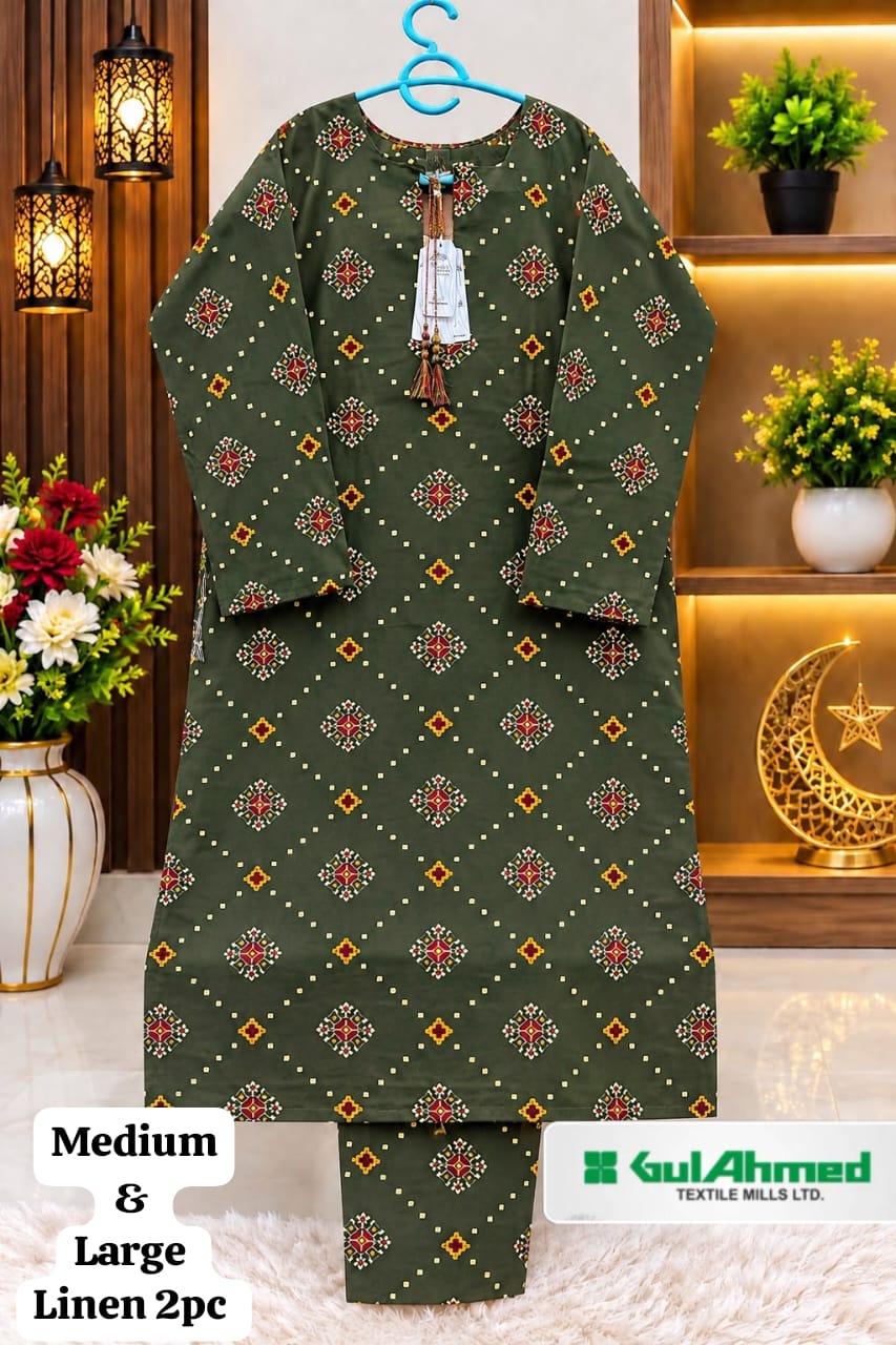 Olive Green Geometric Printed Linen 2 Piece Suit for Women – Medium & Large