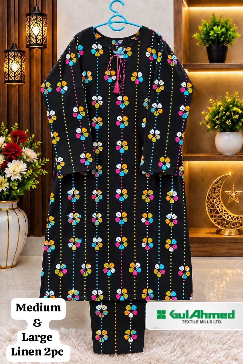 Black Multicolor Floral Printed Linen 2 Piece Suit for Women – Medium & Large