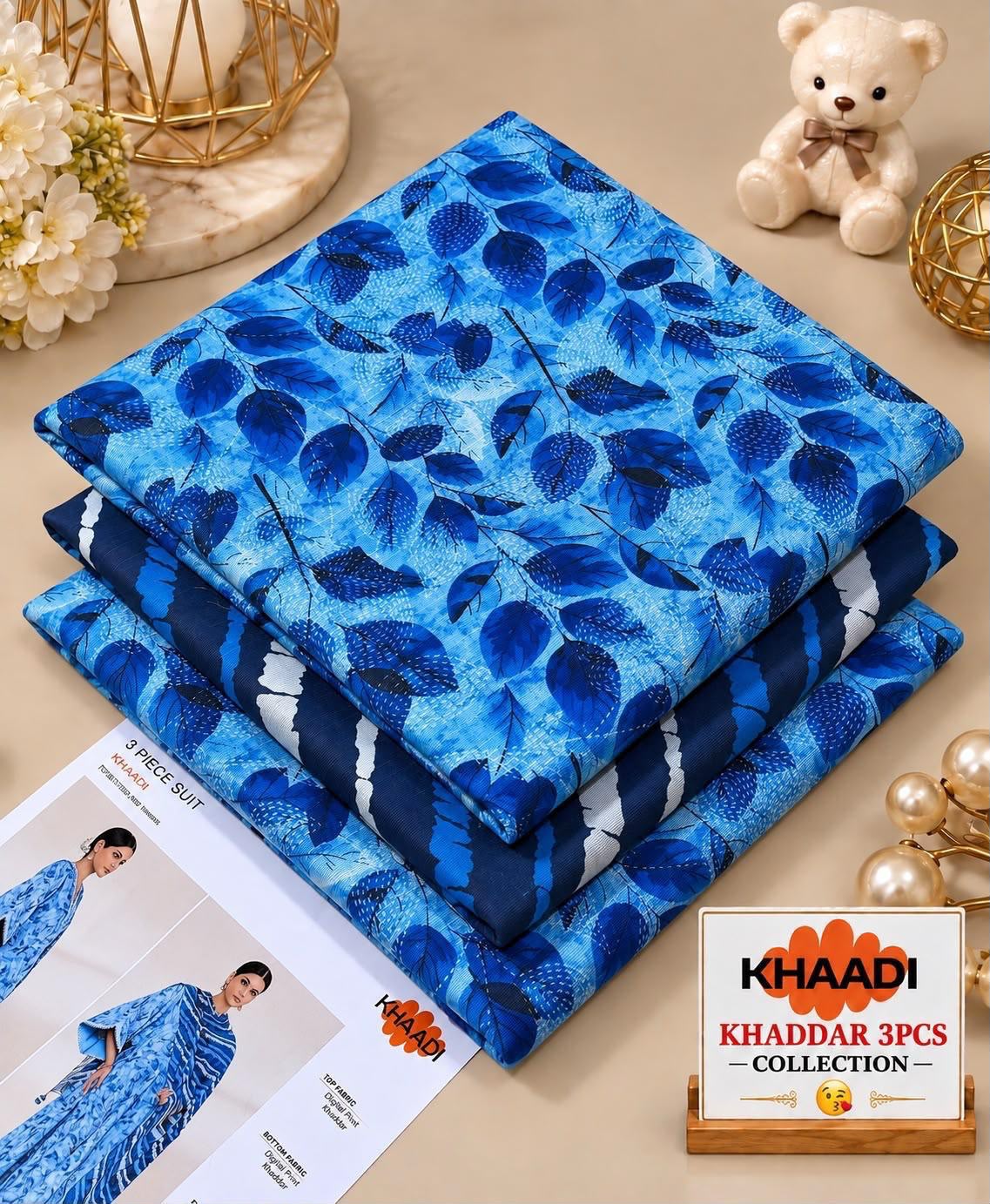 KHADDI Blue Printed Khaddar 3 Piece Suit for Winter