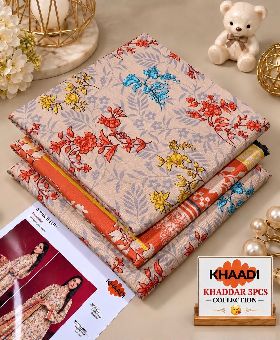 Beige & Orange Floral Khaddar 3 Piece