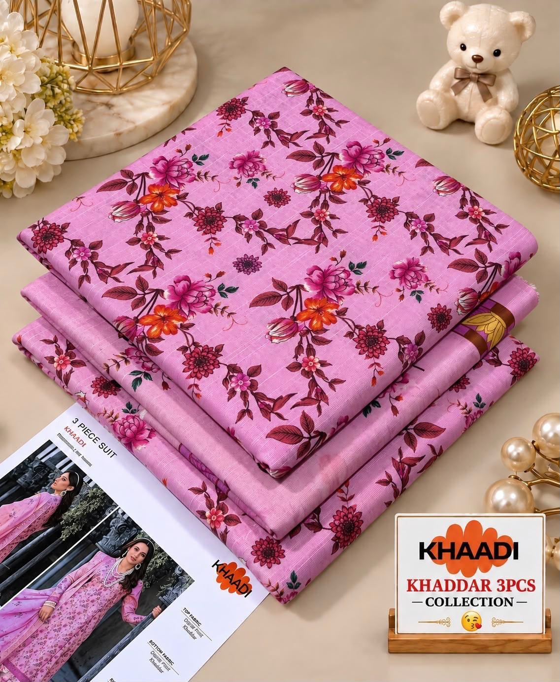 KHADDI Pink Floral Printed Khaddar 3 Piece Suit