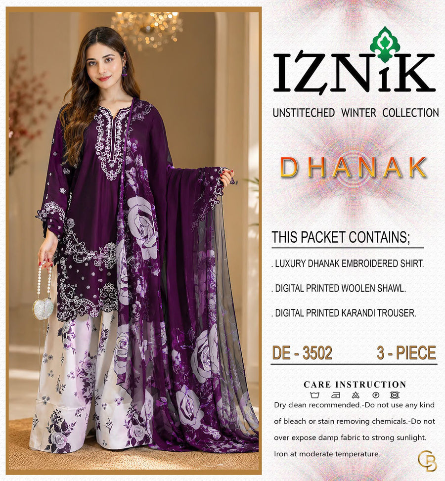 Iznik 3502 Winter Suit – Dhanak Chikankari Embroidered 3 Piece Collection