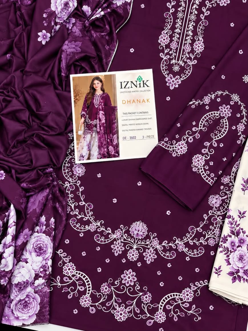 Iznik 3502 Winter Suit – Dhanak Chikankari Embroidered 3 Piece Collection